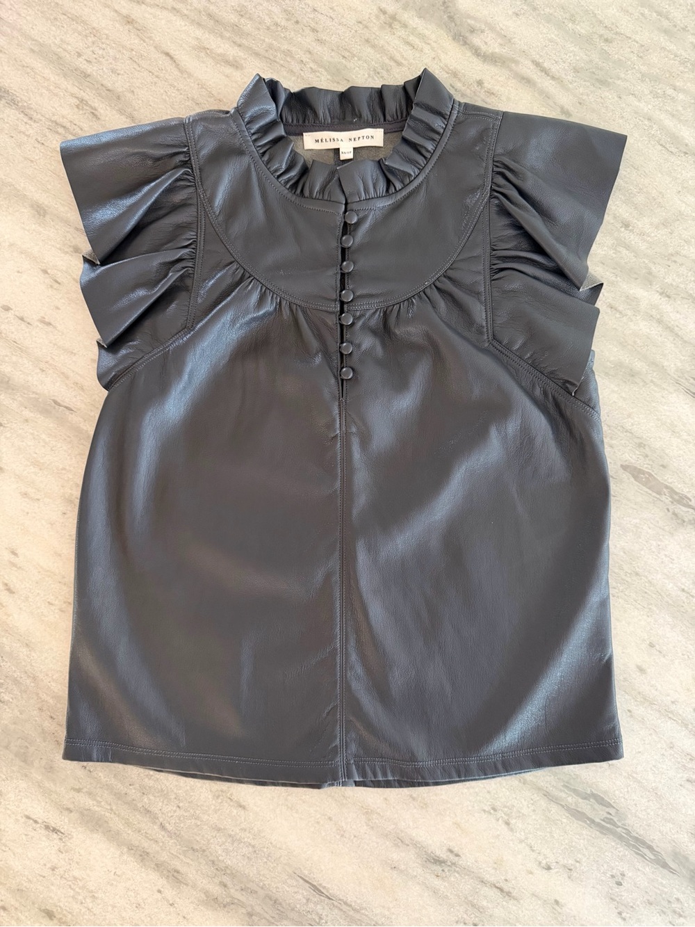 MELISSA NEPTON Navy Faux-Leather flutter sleeve top